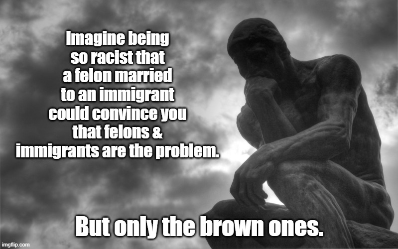 Only the brown ones. | Imagine being so racist that a felon married to an immigrant could convince you that felons & immigrants are the problem. But only the brown ones. | image tagged in thinking man,maga morons,so crates | made w/ Imgflip meme maker