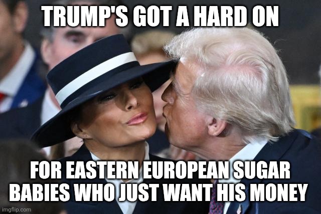Melania Hat | TRUMP'S GOT A HARD ON FOR EASTERN EUROPEAN SUGAR BABIES WHO JUST WANT HIS MONEY | image tagged in melania hat | made w/ Imgflip meme maker