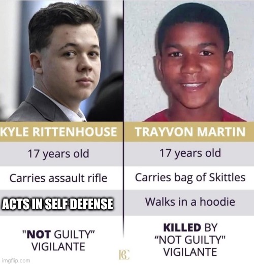I fixed this leftist meme | ACTS IN SELF DEFENSE | image tagged in kyle rittenhouse vs trayvon martin,all lives matter | made w/ Imgflip meme maker