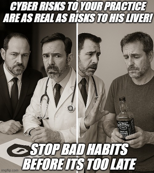 CYBER RISKS TO YOUR PRACTICE ARE AS REAL AS RISKS TO HIS LIVER! STOP BAD HABITS BEFORE ITS TOO LATE | image tagged in cybersecurity | made w/ Imgflip meme maker