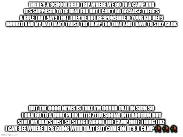 Read the image description if the text is too small to understand | THERE'S A SCHOOL FIELD TRIP WHERE WE GO TO A CAMP AND IT'S SUPPOSED TO BE REAL FUN BUT I CAN'T GO BECAUSE THERE'S A RULE THAT SAYS THAT THEY'RE NOT RESPONSIBLE IF YOUR KID GETS INJURED AND MY DAD CAN'T TRUST THE CAMP FOR THAT AND I HAVE TO STAY BACK; BUT THE GOOD NEWS IS THAT I'M GONNA CALL IN SICK SO I CAN GO TO A DUNE PARK WITH ZERO SOCIAL INTERACTION BUT STILL MY DAD'S JUST SO STRICT ABOUT THE CAMP RULE THING LIKE I CAN SEE WHERE HE'S GOING WITH THAT BUT COME ON IT'S A CAMP🥀🥀🥀 | made w/ Imgflip meme maker