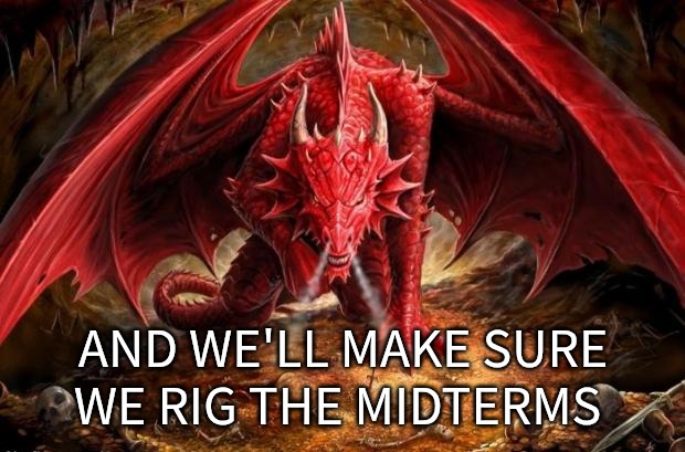 dragon | AND WE'LL MAKE SURE WE RIG THE MIDTERMS | image tagged in dragon | made w/ Imgflip meme maker