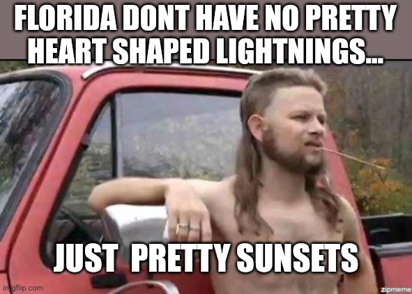 almost politically correct redneck | FLORIDA DONT HAVE NO PRETTY HEART SHAPED LIGHTNINGS... JUST  PRETTY SUNSETS | image tagged in almost politically correct redneck | made w/ Imgflip meme maker