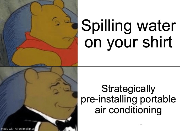 Air Conditioning | Spilling water on your shirt; Strategically pre-installing portable air conditioning | image tagged in memes,tuxedo winnie the pooh | made w/ Imgflip meme maker