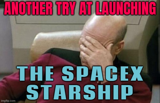Another Try At Launching The Starship | ANOTHER TRY AT LAUNCHING; THE SPACEX
STARSHIP | image tagged in memes,captain picard facepalm,elon musk,spacex,epic fail,task failed successfully | made w/ Imgflip meme maker