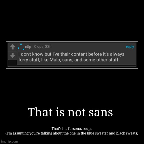 Context is in my previous posts | That is not sans | That's his fursona, soups
(I'm assuming you're talking about the one in the blue sweater and black sweats) | image tagged in funny,demotivationals | made w/ Imgflip demotivational maker