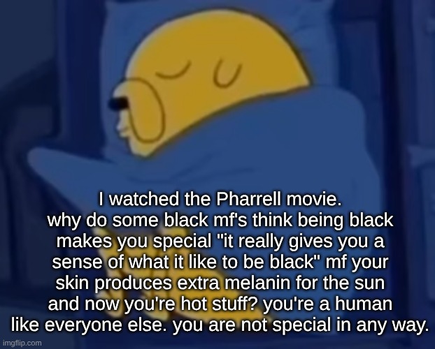 no different from anyone else. | I watched the Pharrell movie. why do some black mf's think being black makes you special "it really gives you a sense of what it like to be black" mf your skin produces extra melanin for the sun and now you're hot stuff? you're a human like everyone else. you are not special in any way. | image tagged in im jaking it | made w/ Imgflip meme maker