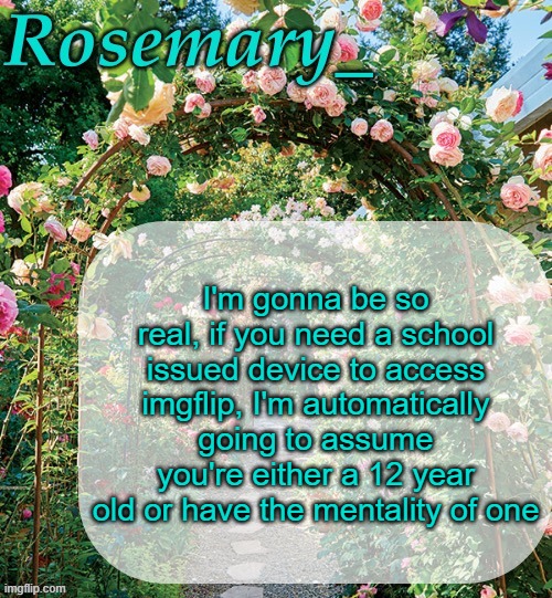 same applies to if you use a game console | I'm gonna be so real, if you need a school issued device to access imgflip, I'm automatically going to assume you're either a 12 year old or have the mentality of one | image tagged in rosemary_ template | made w/ Imgflip meme maker