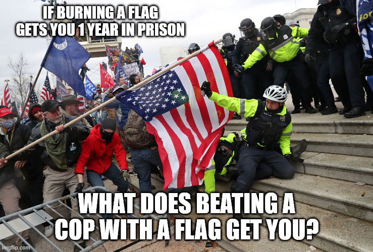Besides a pardon? | IF BURNING A FLAG GETS YOU 1 YEAR IN PRISON; WHAT DOES BEATING A COP WITH A FLAG GET YOU? | image tagged in donald trump | made w/ Imgflip meme maker