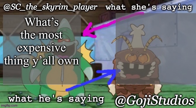 SC and GojiStudios shared temp | What’s the most expensive thing y’all own | image tagged in sc and gojistudios shared temp | made w/ Imgflip meme maker