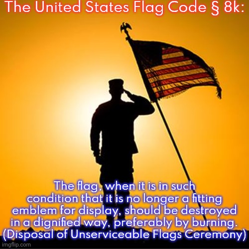 The president's executive order goes against American policy. | The United States Flag Code § 8k:; The flag, when it is in such condition that it is no longer a fitting emblem for display, should be destroyed in a dignified way, preferably by burning.
(Disposal of Unserviceable Flags Ceremony) | image tagged in soldier salutes the flag,irony meter,tradition,history,patriotic,contradiction | made w/ Imgflip meme maker