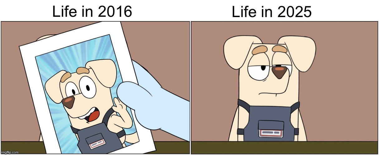 Life has sure changed a lot since 2016 | Life in 2016; Life in 2025 | image tagged in where did the years go bluey edition,memes,funny,funny memes,2016,nostalgia | made w/ Imgflip meme maker