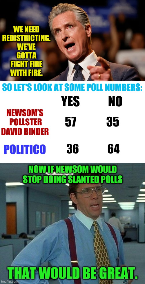Gavin Newsom's Crusade | WE NEED REDISTRICTING. WE'VE GOTTA FIGHT FIRE WITH FIRE. SO LET'S LOOK AT SOME POLL NUMBERS:; YES            NO; NEWSOM’S  POLLSTER DAVID BINDER; 57              35; 36              64; POLITICO; NOW IF NEWSOM WOULD STOP DOING SLANTED POLLS; THAT WOULD BE GREAT. | image tagged in memes,that would be great,gavin,crusade,polls,politics | made w/ Imgflip meme maker