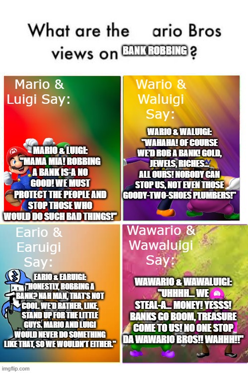 Ario Bros views on bank robbing | BANK ROBBING; MARIO & LUIGI: "MAMA MIA! ROBBING A BANK IS-A NO GOOD! WE MUST PROTECT THE PEOPLE AND STOP THOSE WHO WOULD DO SUCH BAD THINGS!"; WARIO & WALUIGI: "WAHAHA! OF COURSE WE’D ROB A BANK! GOLD, JEWELS, RICHES... ALL OURS! NOBODY CAN STOP US, NOT EVEN THOSE GOODY-TWO-SHOES PLUMBERS!"; EARIO & EARUIGI: "HONESTLY, ROBBING A BANK? NAH MAN, THAT’S NOT COOL. WE’D RATHER, LIKE, STAND UP FOR THE LITTLE GUYS. MARIO AND LUIGI WOULD NEVER DO SOMETHING LIKE THAT, SO WE WOULDN’T EITHER."; WAWARIO & WAWALUIGI: "UHHHH... WE STEAL-A... MONEY! YESSS! BANKS GO BOOM, TREASURE COME TO US! NO ONE STOP DA WAWARIO BROS!! WAHHH!!" | image tagged in the ario bros views on,mario,mario bros views,super mario,super mario bros | made w/ Imgflip meme maker