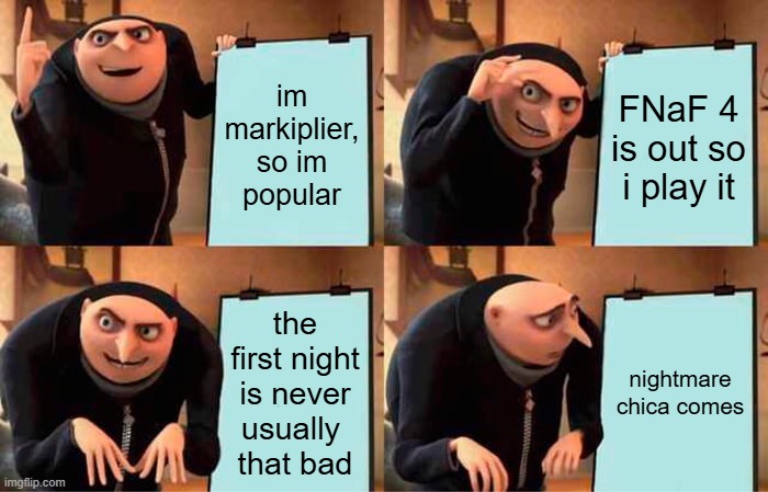 markiplier in 2015 be like: | im markiplier, so im popular; FNaF 4 is out so i play it; the first night is never usually 
that bad; nightmare chica comes | image tagged in memes,gru's plan | made w/ Imgflip meme maker