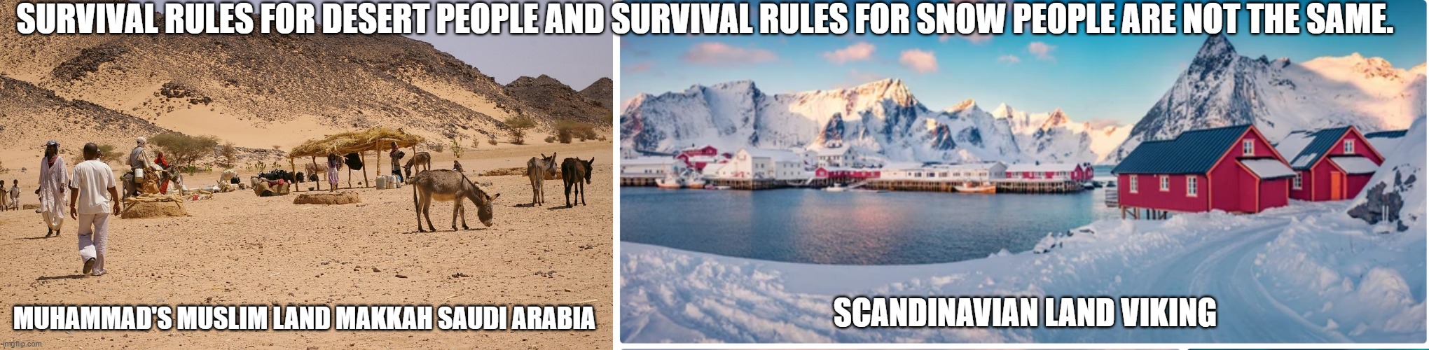 You can admire different cultures and religions sure. But telling people how they should live because of their religion. | SURVIVAL RULES FOR DESERT PEOPLE AND SURVIVAL RULES FOR SNOW PEOPLE ARE NOT THE SAME. SCANDINAVIAN LAND VIKING; MUHAMMAD'S MUSLIM LAND MAKKAH SAUDI ARABIA | image tagged in islam,viking,christian,levant,jesus,muhammad | made w/ Imgflip meme maker