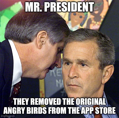Angy birb ;-; | MR. PRESIDENT; THEY REMOVED THE ORIGINAL ANGRY BIRDS FROM THE APP STORE | image tagged in bush learning about 9/11 | made w/ Imgflip meme maker