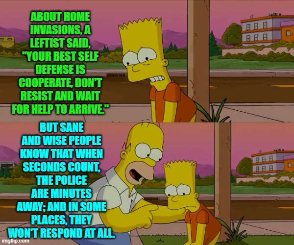 Be a professional victim inside your own home leftists.  Sane people, however, should fight back. | ABOUT HOME INVASIONS, A LEFTIST SAID, "YOUR BEST SELF DEFENSE IS COOPERATE, DON'T RESIST AND WAIT FOR HELP TO ARRIVE."; BUT SANE AND WISE PEOPLE KNOW THAT WHEN SECONDS COUNT, THE POLICE ARE MINUTES AWAY; AND IN SOME PLACES, THEY WON'T RESPOND AT ALL. | image tagged in homer and bart worst day so far | made w/ Imgflip meme maker