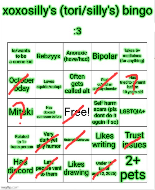 xoxosilly bingo (bad bingo btw) | image tagged in xoxosilly bingo aug 12 2025 | made w/ Imgflip meme maker