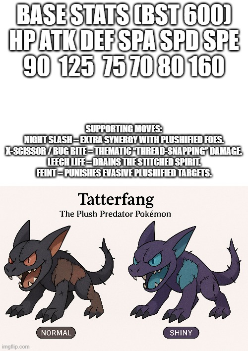new fakemon | BASE STATS (BST 600)
HP	ATK	DEF	SPA	SPD	SPE
90 	125 	75	70	80	160; SUPPORTING MOVES:

NIGHT SLASH – EXTRA SYNERGY WITH PLUSHIFIED FOES.

X-SCISSOR / BUG BITE – THEMATIC “THREAD-SNAPPING” DAMAGE.

LEECH LIFE – DRAINS THE STITCHED SPIRIT.

FEINT – PUNISHES EVASIVE PLUSHIFIED TARGETS. | image tagged in pokemon,fakemon,fakemons | made w/ Imgflip meme maker