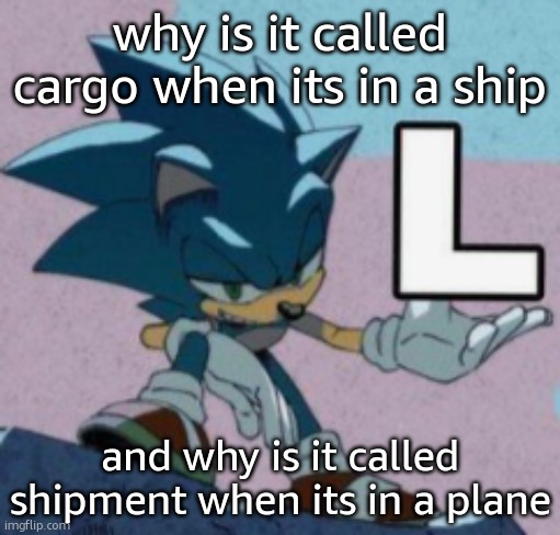 take the L | why is it called cargo when its in a ship; and why is it called shipment when its in a plane | image tagged in take the l | made w/ Imgflip meme maker
