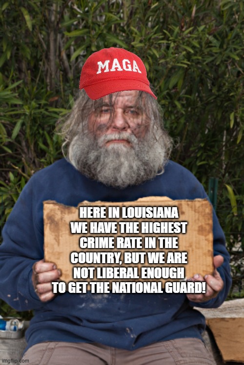 Crime in maga states is just OK | HERE IN LOUISIANA WE HAVE THE HIGHEST CRIME RATE IN THE COUNTRY, BUT WE ARE NOT LIBERAL ENOUGH TO GET THE NATIONAL GUARD! | image tagged in donald trump,trump,maga,conservative,nevertrump,republican | made w/ Imgflip meme maker