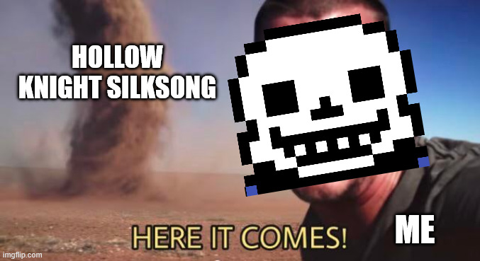 HERE IT COMES! | HOLLOW KNIGHT SILKSONG; ME | image tagged in here it comes | made w/ Imgflip meme maker