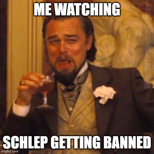 Laughing Leo | ME WATCHING; WhatDoYouMemeAnyway; SCHLEP GETTING BANNED | image tagged in memes,laughing leo | made w/ Imgflip meme maker