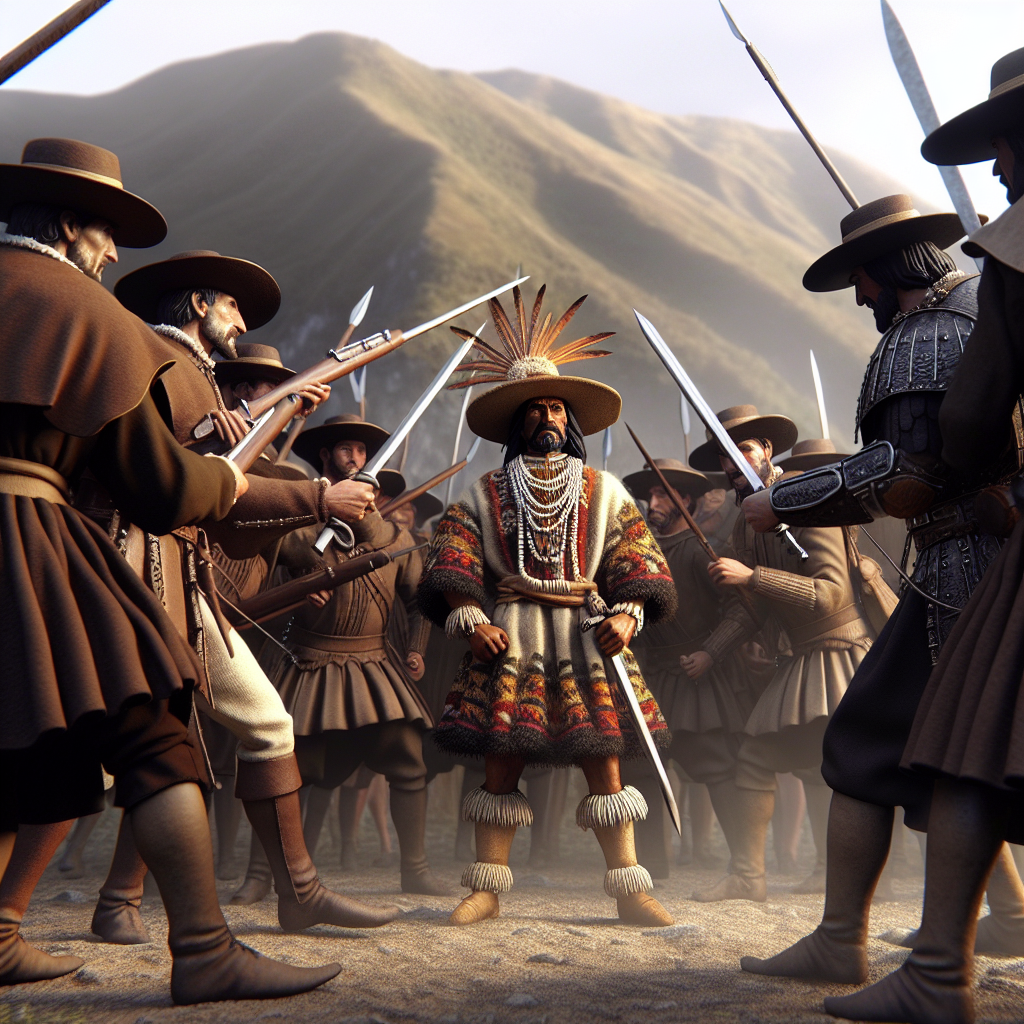 Spanish conquistadors surrounding an Inca man in a circle Blank Meme Template