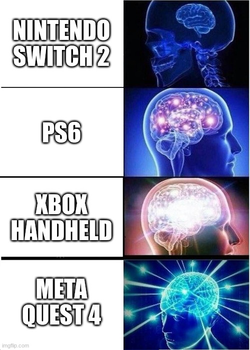 Consoles in the future | NINTENDO SWITCH 2; PS6; XBOX HANDHELD; META QUEST 4 | image tagged in memes,expanding brain,vr,xbox,ps4,nintendo switch | made w/ Imgflip meme maker