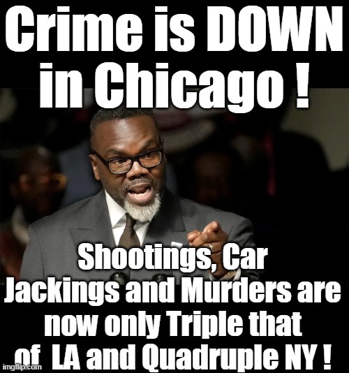 Weird that a guy named Brandon would be such a loser | Crime is DOWN in Chicago ! Shootings, Car Jackings and Murders are now only Triple that of  LA and Quadruple NY ! | image tagged in brandon johnson crime down chicago meme | made w/ Imgflip meme maker