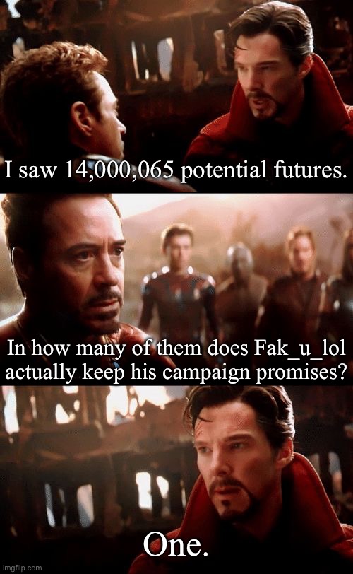 senators: infinity filibuster | I saw 14,000,065 potential futures. In how many of them does Fak_u_lol actually keep his campaign promises? One. | image tagged in infinity war - 14mil futures | made w/ Imgflip meme maker