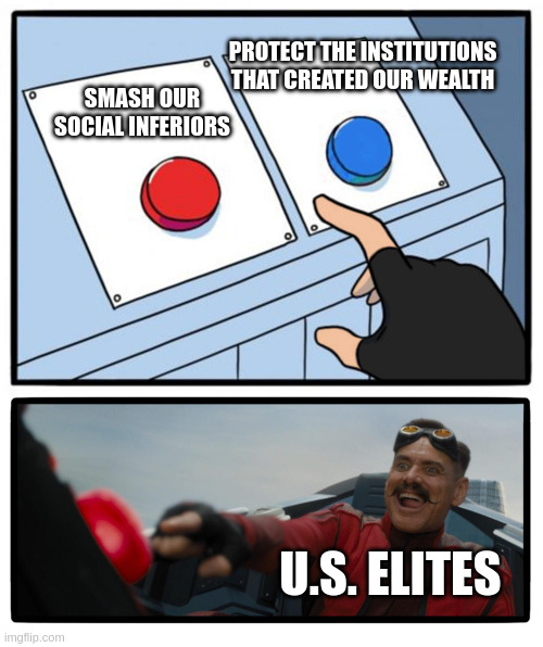 Eggman Button | PROTECT THE INSTITUTIONS THAT CREATED OUR WEALTH; SMASH OUR SOCIAL INFERIORS; U.S. ELITES | image tagged in eggman button | made w/ Imgflip meme maker