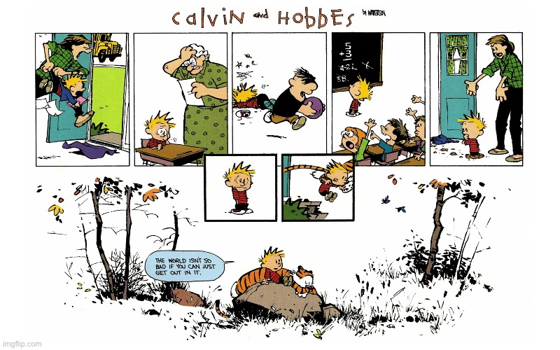 Calvin and Hobbes, in their natural element… | image tagged in calvin and hobbes,comics,out in the world,not so bad,natural element | made w/ Imgflip meme maker