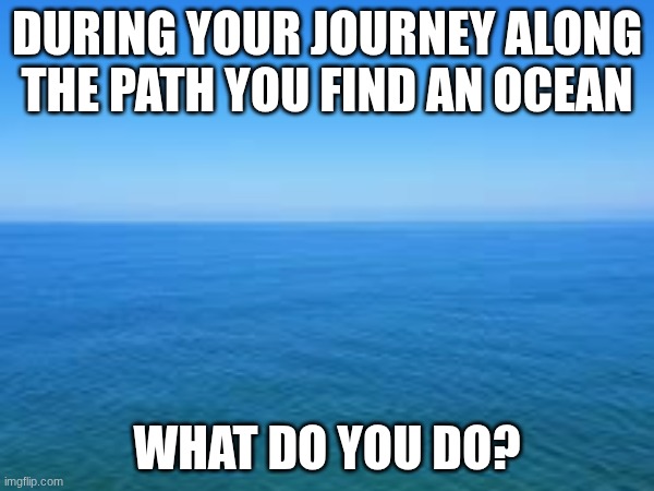 Newest part of my liminal series! | DURING YOUR JOURNEY ALONG THE PATH YOU FIND AN OCEAN; WHAT DO YOU DO? | made w/ Imgflip meme maker