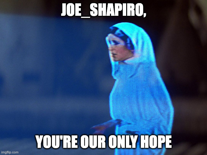 Princess Leia Hologram | JOE_SHAPIRO, YOU'RE OUR ONLY HOPE | image tagged in princess leia hologram | made w/ Imgflip meme maker