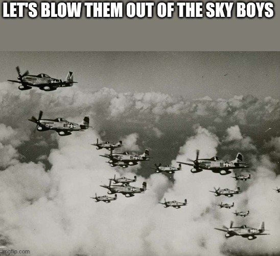 p51 mustang | LET'S BLOW THEM OUT OF THE SKY BOYS | image tagged in p51 mustang | made w/ Imgflip meme maker