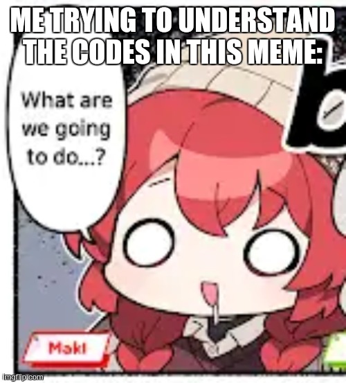Maki, What are we going to do...? | ME TRYING TO UNDERSTAND THE CODES IN THIS MEME: | image tagged in maki what are we going to do | made w/ Imgflip meme maker