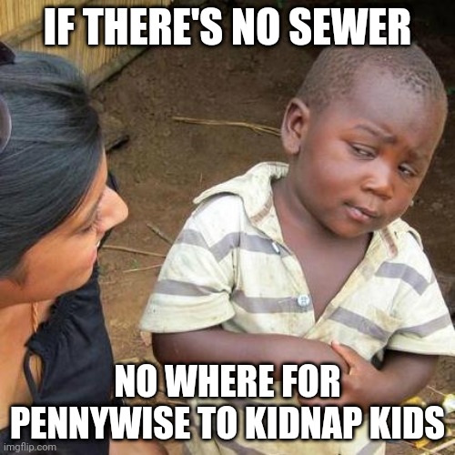 Third World Skeptical Kid | IF THERE'S NO SEWER; NO WHERE FOR PENNYWISE TO KIDNAP KIDS | image tagged in memes,third world skeptical kid | made w/ Imgflip meme maker