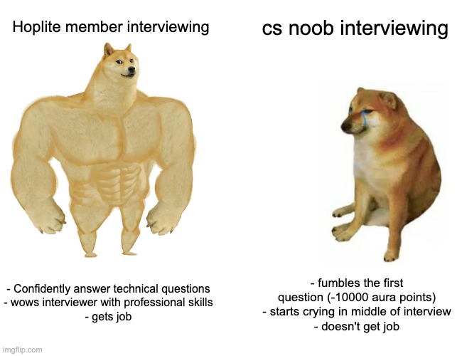 Buff Doge vs. Cheems Meme | cs noob interviewing; Hoplite member interviewing; - fumbles the first question (-10000 aura points)
- starts crying in middle of interview
- doesn't get job; - Confidently answer technical questions
- wows interviewer with professional skills
- gets job | image tagged in memes,buff doge vs cheems | made w/ Imgflip meme maker