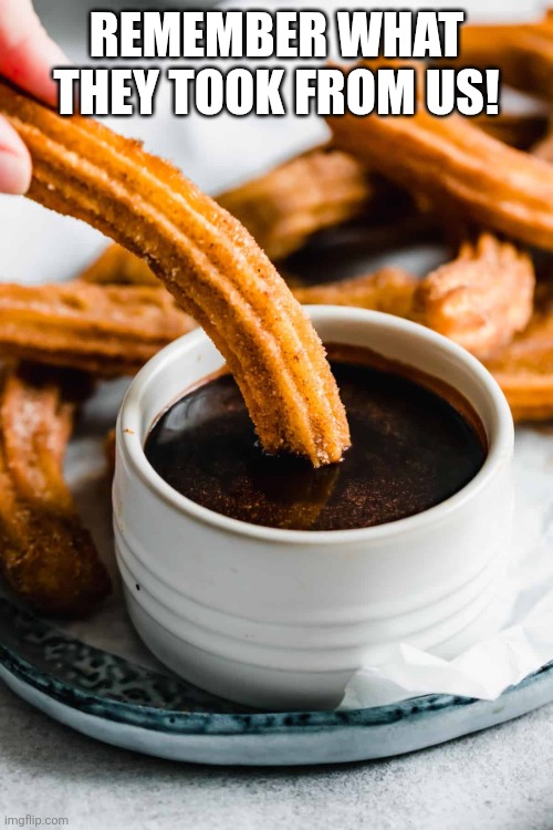 churros | REMEMBER WHAT THEY TOOK FROM US! | image tagged in churros | made w/ Imgflip meme maker