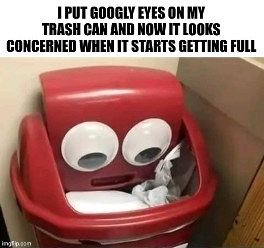 I Put Googly Eyes On My Trash Can And Now It Starts Looking Concerned When It Gets Full | I PUT GOOGLY EYES ON MY TRASH CAN AND NOW IT LOOKS CONCERNED WHEN IT STARTS GETTING FULL | image tagged in chrisjoines1 | made w/ Imgflip meme maker