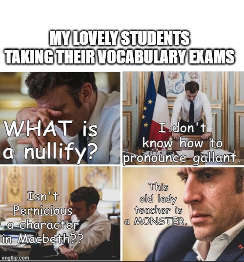 Studying does help a bit | MY LOVELY STUDENTS TAKING THEIR VOCABULARY EXAMS; I don't know how to pronounce gallant. WHAT is a nullify? This old lady teacher is a MONSTER. Isn't Pernicious a character in Macbeth?? | image tagged in frustrated macron,vocabulary,english teachers | made w/ Imgflip meme maker