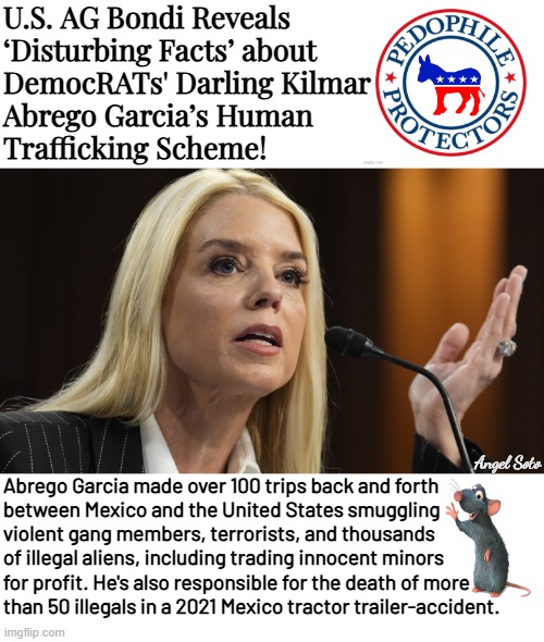 U.S. AG Bondi calls out democrats for defending pedophiles | U.S. AG Bondi Reveals
‘Disturbing Facts’ about
DemocRATs' Darling Kilmar
Abrego Garcia’s Human
Trafficking Scheme! Angel Soto; Abrego Garcia made over 100 trips back and forth
between Mexico and the United States smuggling
violent gang members, terrorists, and thousands
of illegal aliens, including trading innocent minors
for profit. He's also responsible for the death of more
than 50 illegals in a 2021 Mexico tractor trailer-accident. | image tagged in pam bondi condemns democrats defending pedos,pam bondi,democrats,terrorists,gangs,illegal aliens | made w/ Imgflip meme maker