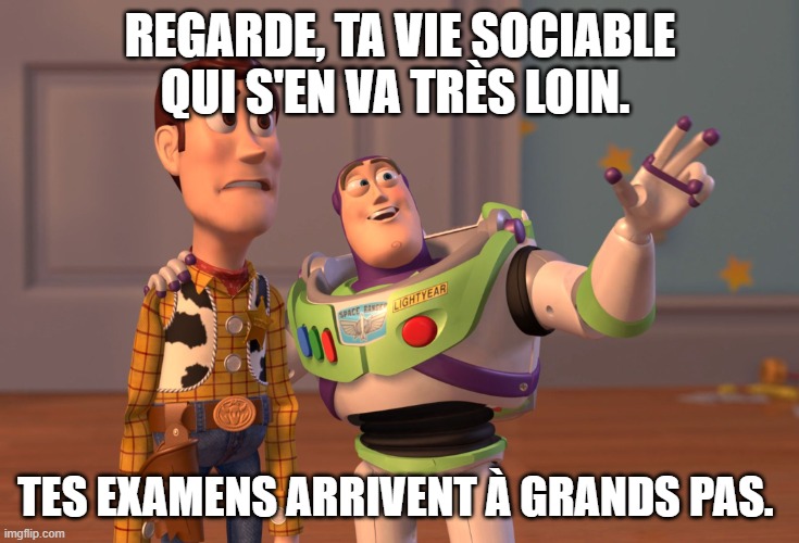 X, X Everywhere Meme | REGARDE, TA VIE SOCIABLE QUI S'EN VA TRÈS LOIN. TES EXAMENS ARRIVENT À GRANDS PAS. | image tagged in memes,x x everywhere | made w/ Imgflip meme maker