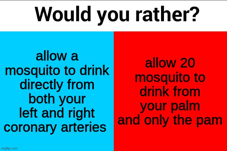 Would you rather? | allow a mosquito to drink directly from both your left and right coronary arteries; allow 20 mosquito to drink from your palm and only the pam | image tagged in would you rather | made w/ Imgflip meme maker