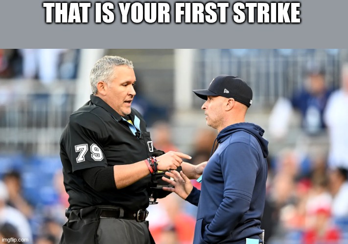 mlb umpire | THAT IS YOUR FIRST STRIKE | image tagged in mlb umpire | made w/ Imgflip meme maker