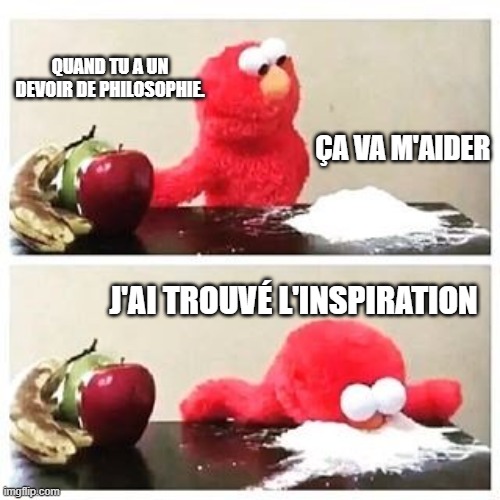 elmo cocaine | QUAND TU A UN DEVOIR DE PHILOSOPHIE. ÇA VA M'AIDER; J'AI TROUVÉ L'INSPIRATION | image tagged in elmo cocaine | made w/ Imgflip meme maker