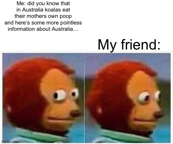 Australian koalas must be desperate | Me: did you know that in Australia koalas eat their mothers own poop and here’s some more pointless information about Australia…; My friend: | image tagged in memes,monkey puppet | made w/ Imgflip meme maker