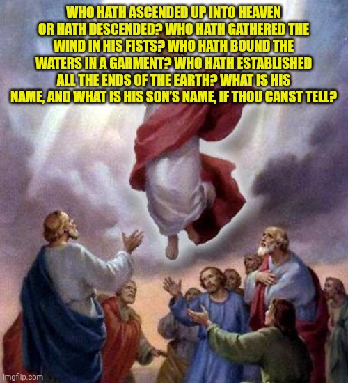 Jesus Ascension | WHO HATH ASCENDED UP INTO HEAVEN OR HATH DESCENDED? WHO HATH GATHERED THE WIND IN HIS FISTS? WHO HATH BOUND THE WATERS IN A GARMENT? WHO HATH ESTABLISHED ALL THE ENDS OF THE EARTH? WHAT IS HIS NAME, AND WHAT IS HIS SON’S NAME, IF THOU CANST TELL? | image tagged in jesus ascension | made w/ Imgflip meme maker